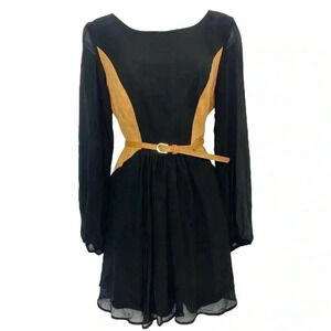 My Michelle Black Sheer Long sleeve Belted Button Back Detail Dress